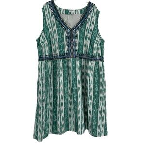 J.Jill Sleeveless Shift Dress Green White Ikat Cotton V-Neck Size 2X Embroidered